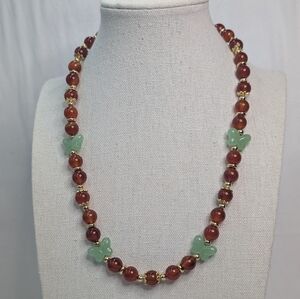 Custom Carnelian & Jade Glass Butterfly Gold Necklace D106